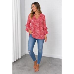 First Love by Lovelyn Red White Boho Blouse Womens 2X Ruffle Sleeve Tie Neck Top